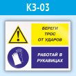 Знак «Береги трос от ударов - работай в рукавицах», КЗ-03 (пластик, 400х300 мм)